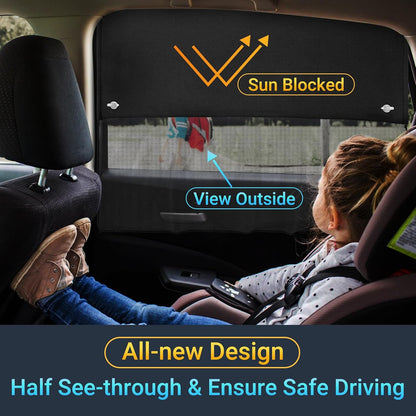 Car Window Shades, 2 Pcs Half Blackout & Half See-Through Magnetic Sun Shade for Rear Window Covers with Fixed Suction Cups,Car Curtains for Baby Sun/Heat/UV Protection