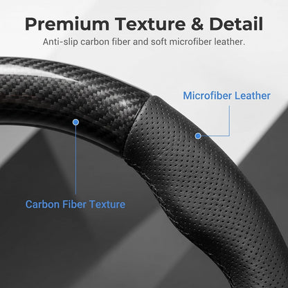 Car Steering Wheel Cover, D-shape Leather Anti-scratch Steering Wheel Protective Sleeve, Breathable Non-slip Cover for All Seasons, Universal for 14.1" - 15.3" Diameter (Carbon Fiber Black)