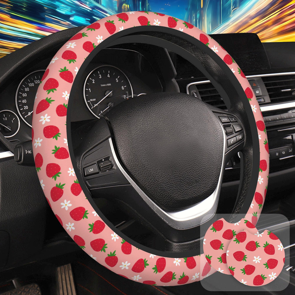 Botanical Flowers Berries Leaves Steering Wheel Cover for Women, Anti-Slip Car Steering Wheel Cover with 2 Pcs Cup Holders Neoprene Breathable Car Accessories Universal 15 Inch Auto Interior Decor