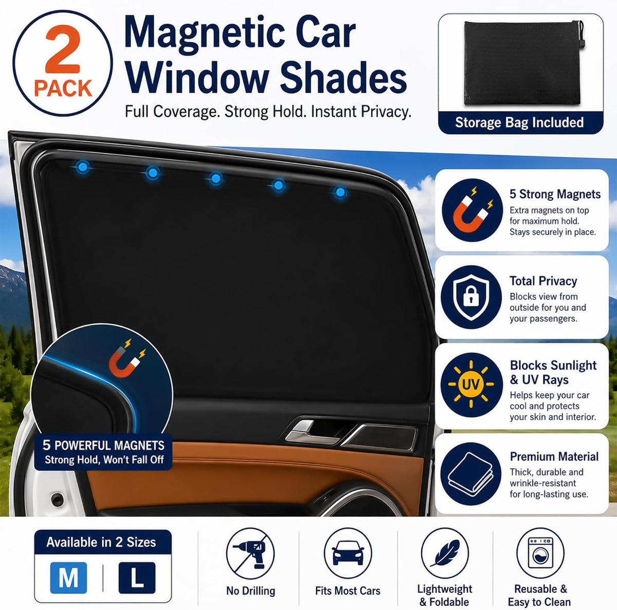 Magnetic Car Window Shades, Blackout UV Protection, 2 Pack