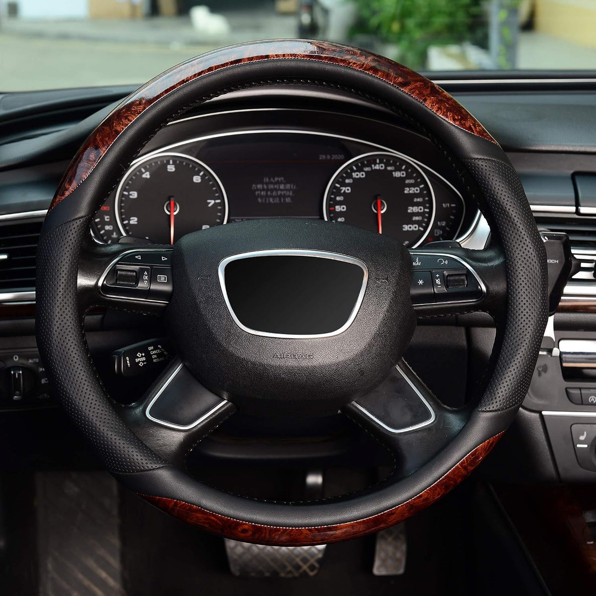 KAFEEK Wood Grain Steering Wheel Cover, Microfiber Leather, 15 Inch