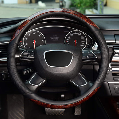 KAFEEK Wood Grain Steering Wheel Cover, Microfiber Leather, 15 Inch