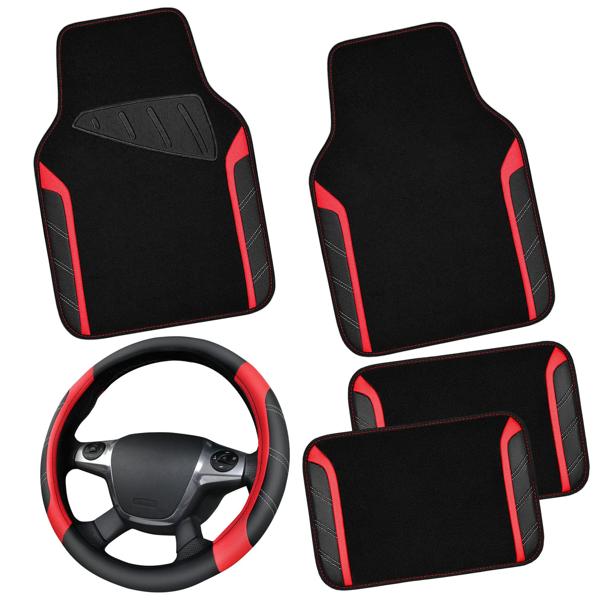 CAR PASS Microfiber Steering Wheel Cover and Waterproof Car Floor Mats,Leather Universal Car Combo Fit for 95% Truck,SUV,Cars,14.5-15inch Sporty Anti-Slip Safety Comfortable Design(Black and Pink)