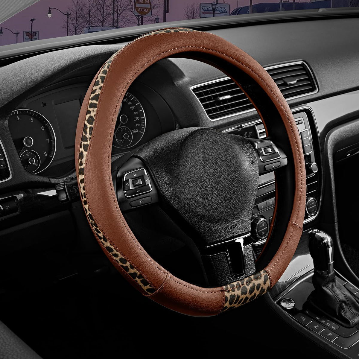 Road Comforts Steering Wheel Cover - Flat Bottom Wheel Cover Made with PVC Leather and Leopard Fabric - Universal Fit for 15-Inch D-Shaped Automotive Steering Wheels (Black Color)