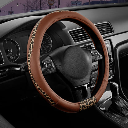 Road Comforts Steering Wheel Cover - Flat Bottom Wheel Cover Made with PVC Leather and Leopard Fabric - Universal Fit for 15-Inch D-Shaped Automotive Steering Wheels (Black Color)
