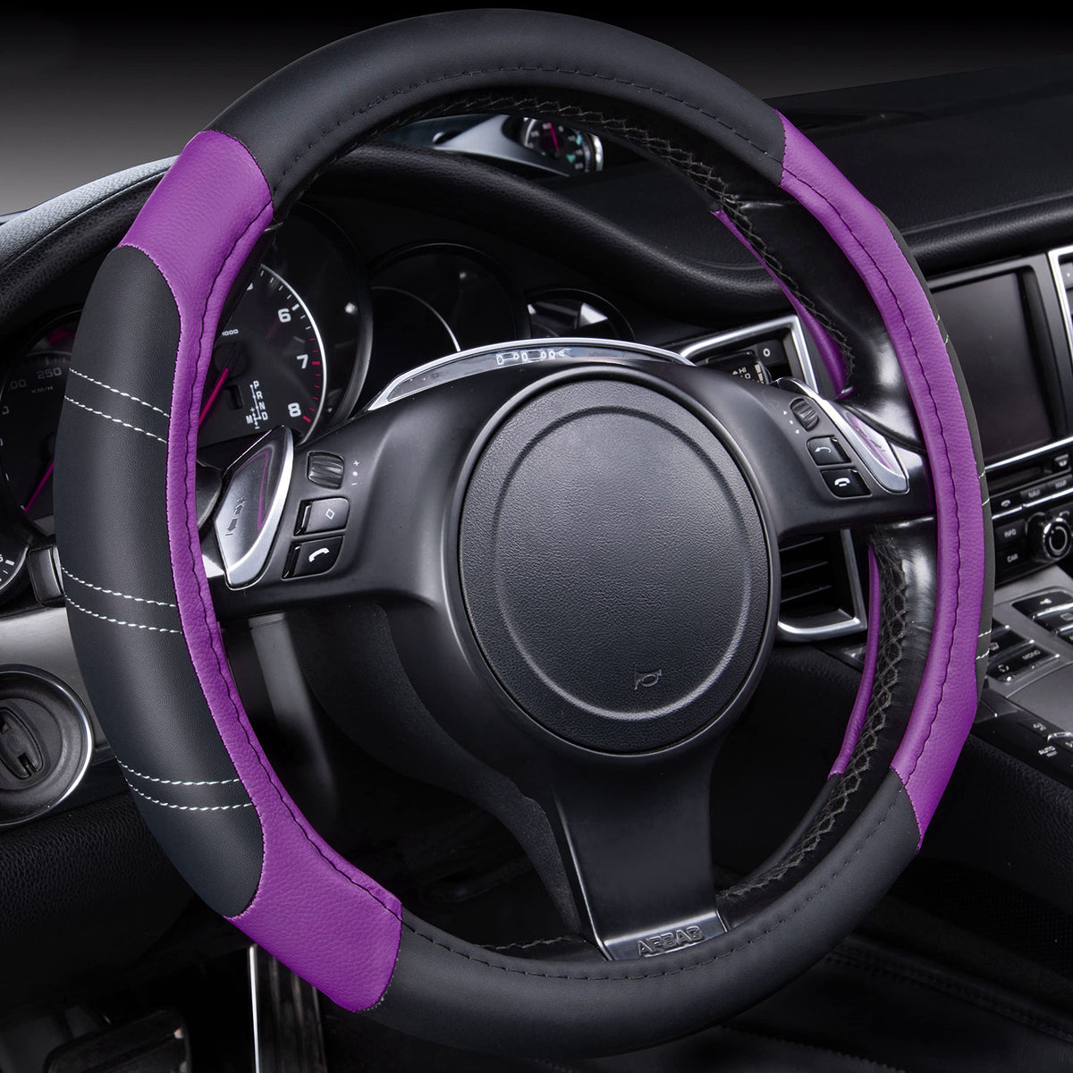 CAR PASS Line Rider Microfiber Leather Sporty 14.5-15 inch Steering Wheel Cover Universal Fits for 95% Truck,SUV,Cars, Anti-Slip Safety Comfortable Design (Black Purple)