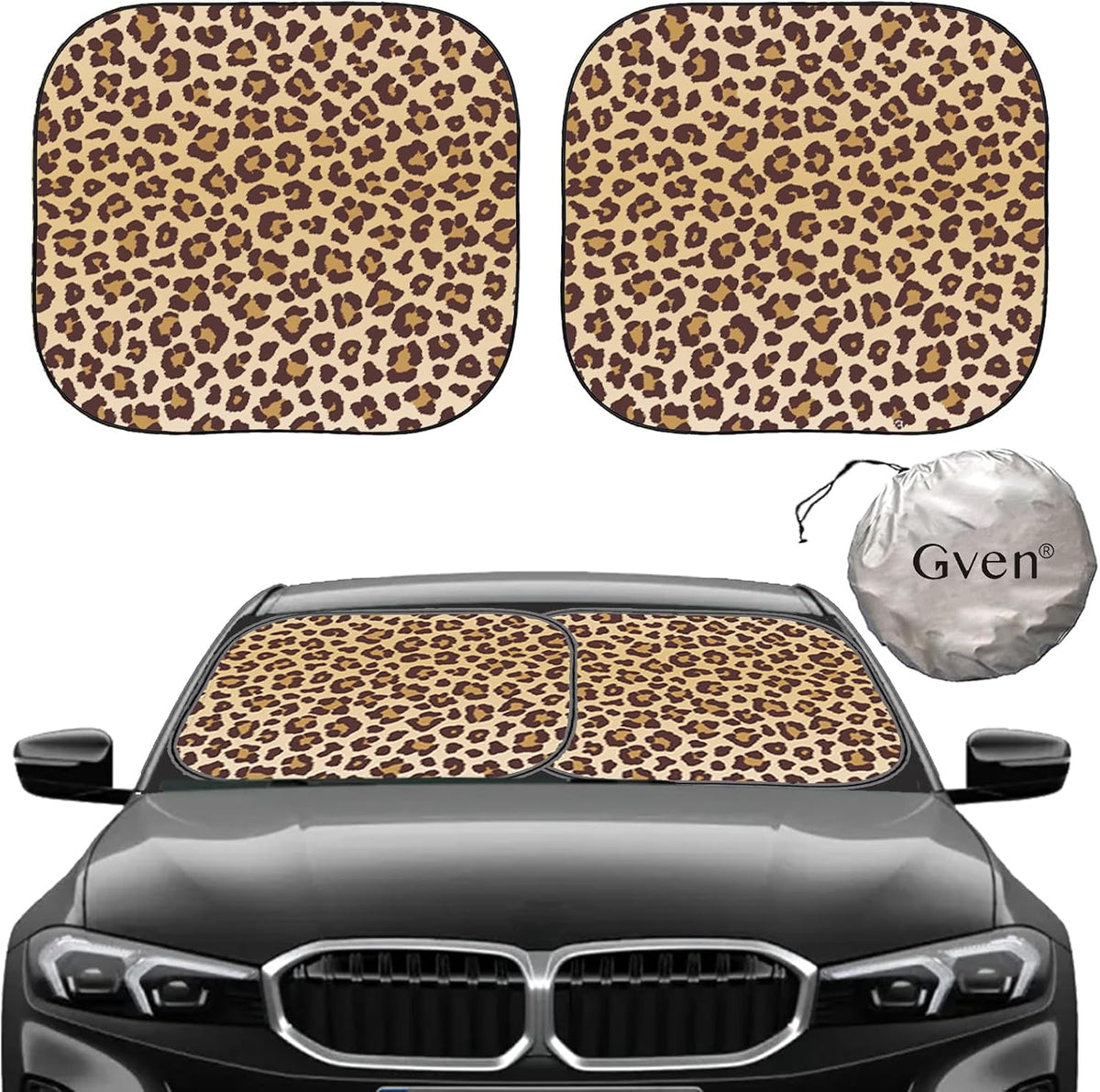 Gven Windshield Sun Shade 2pcs with Bonus Car Sunshade for Front Window Shades 2025 Technology Reflect UV and Heat Sun Visor Automotive Interior Sun Protection (Leopard, M)