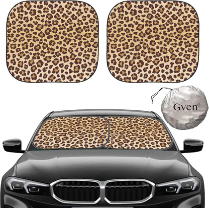 Gven Windshield Sun Shade 2pcs with Bonus Car Sunshade for Front Window Shades 2025 Technology Reflect UV and Heat Sun Visor Automotive Interior Sun Protection (Leopard, M)