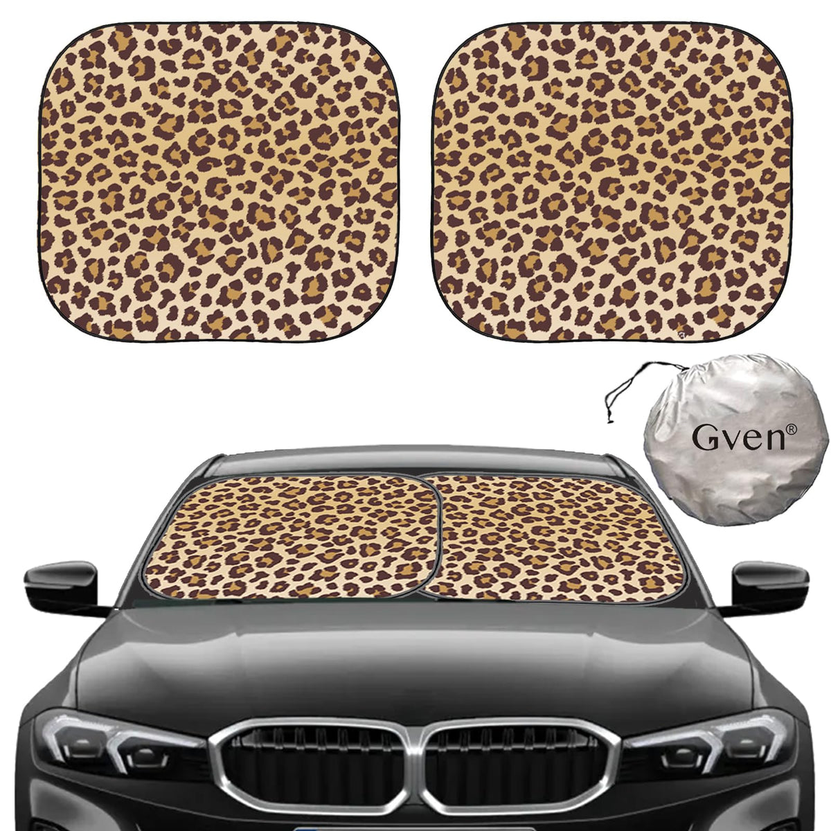 Gven Windshield Sun Shade 2pcs with Bonus Car Sunshade for Front Window Shades 2025 Technology Reflect UV and Heat Sun Visor Automotive Interior Sun Protection (Leopard, M)