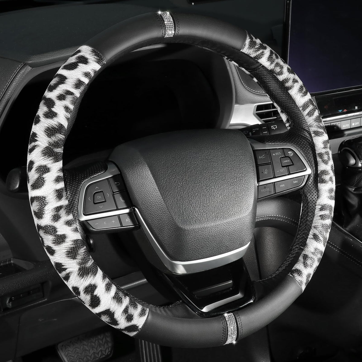 Cow Print Steering Wheel Cover,14.5-15",Microfiber Leather,Anti-Slip,Women