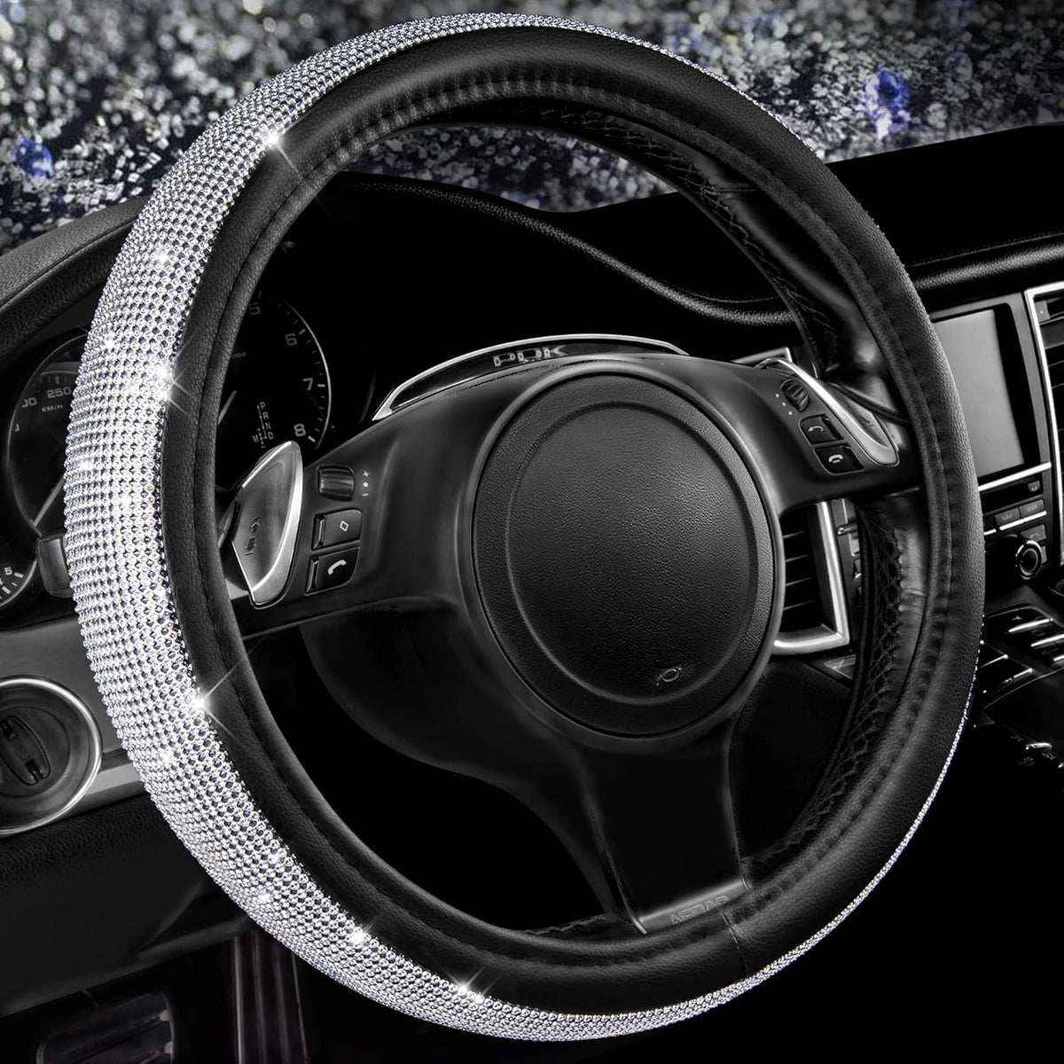 CAR PASS Bling Diamond Leather Steering Wheel Cover, with Bling Sparkly Crystal Glitter Rhinestones Universal Fit 14" 1/2-15" Car Wheel Protect for Women Girl Fit Suvs,Vans,Sedans,Cars,Trucks, Blue