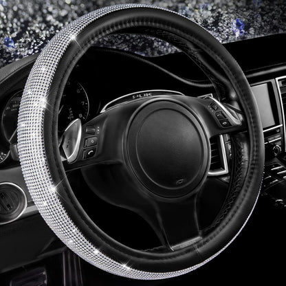 CAR PASS Bling Diamond Leather Steering Wheel Cover, with Bling Sparkly Crystal Glitter Rhinestones Universal Fit 14" 1/2-15" Car Wheel Protect for Women Girl Fit Suvs,Vans,Sedans,Cars,Trucks, Blue