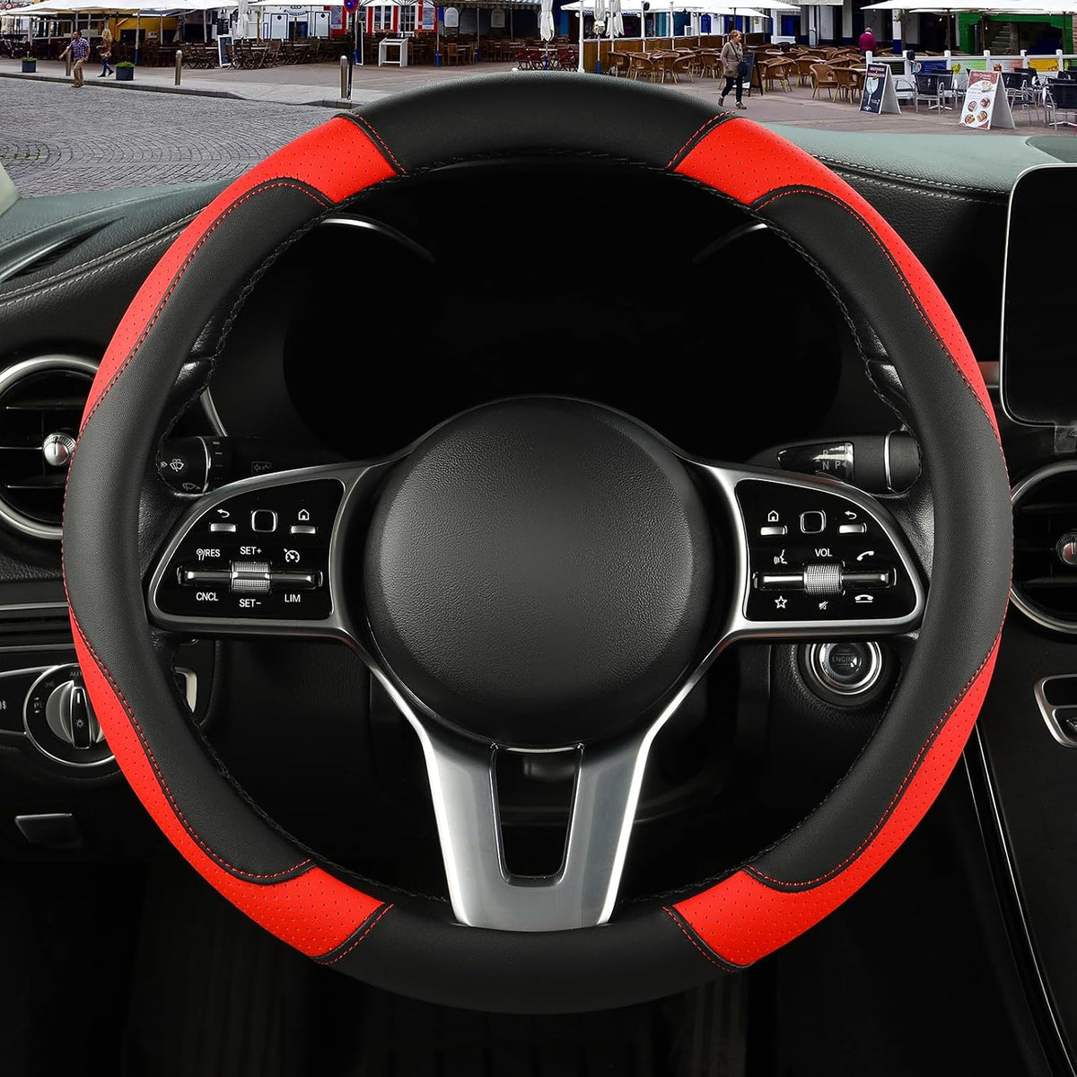 Black Red Microfiber Leather Steering Wheel Cover 14 inch