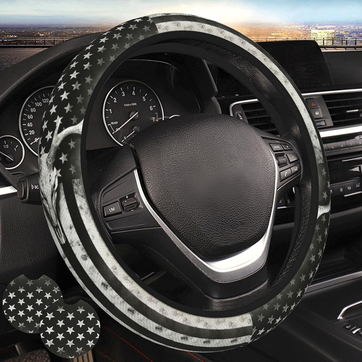 Black White American Flag Steering Wheel Cover - Retro USA Flag Steering Wheel Protector Neoprene 15Inch Car Accessories 2 Pcs Car Coasters for Women Men