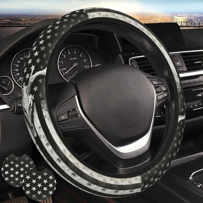 Black White American Flag Steering Wheel Cover - Retro USA Flag Steering Wheel Protector Neoprene 15Inch Car Accessories 2 Pcs Car Coasters for Women Men