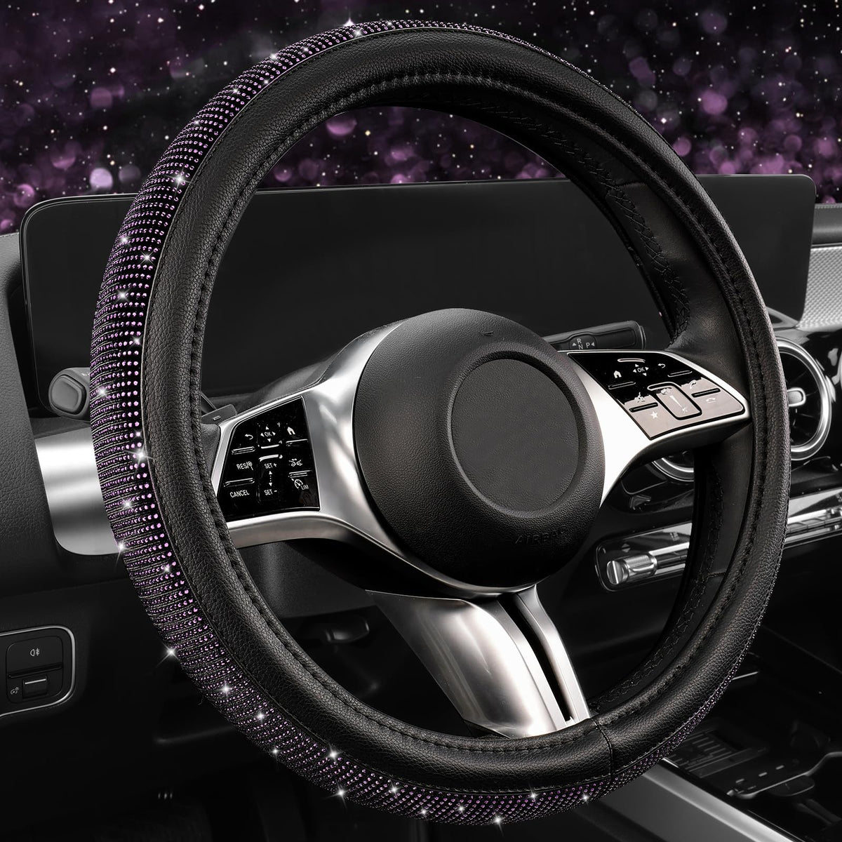 CAR PASS Bling Diamond Steering Wheel Cover Leopard Pattern, Sparkly Crystal Glitter Rhinestones Black Leather Wheel Protect for Women Girl Fit Suvs,Vans,Sedans,Cars,Trucks, 14" 1/2-15" Gold Leopard