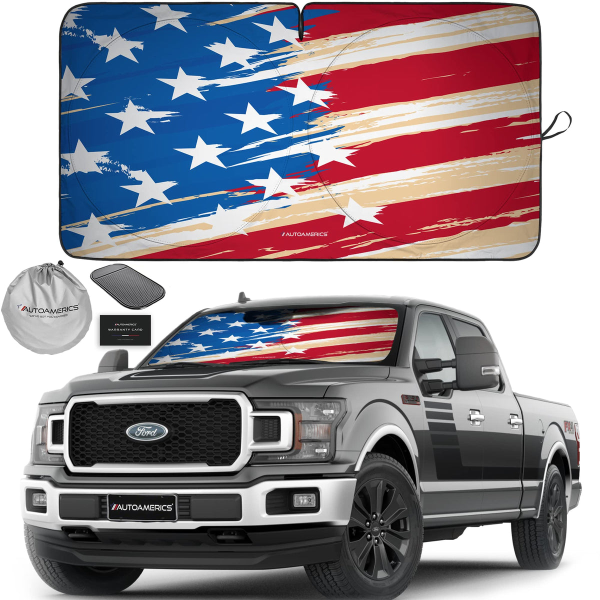 Autoamerics Truck Windshield Sun Shade - American Flag, 64 x 33.5 in