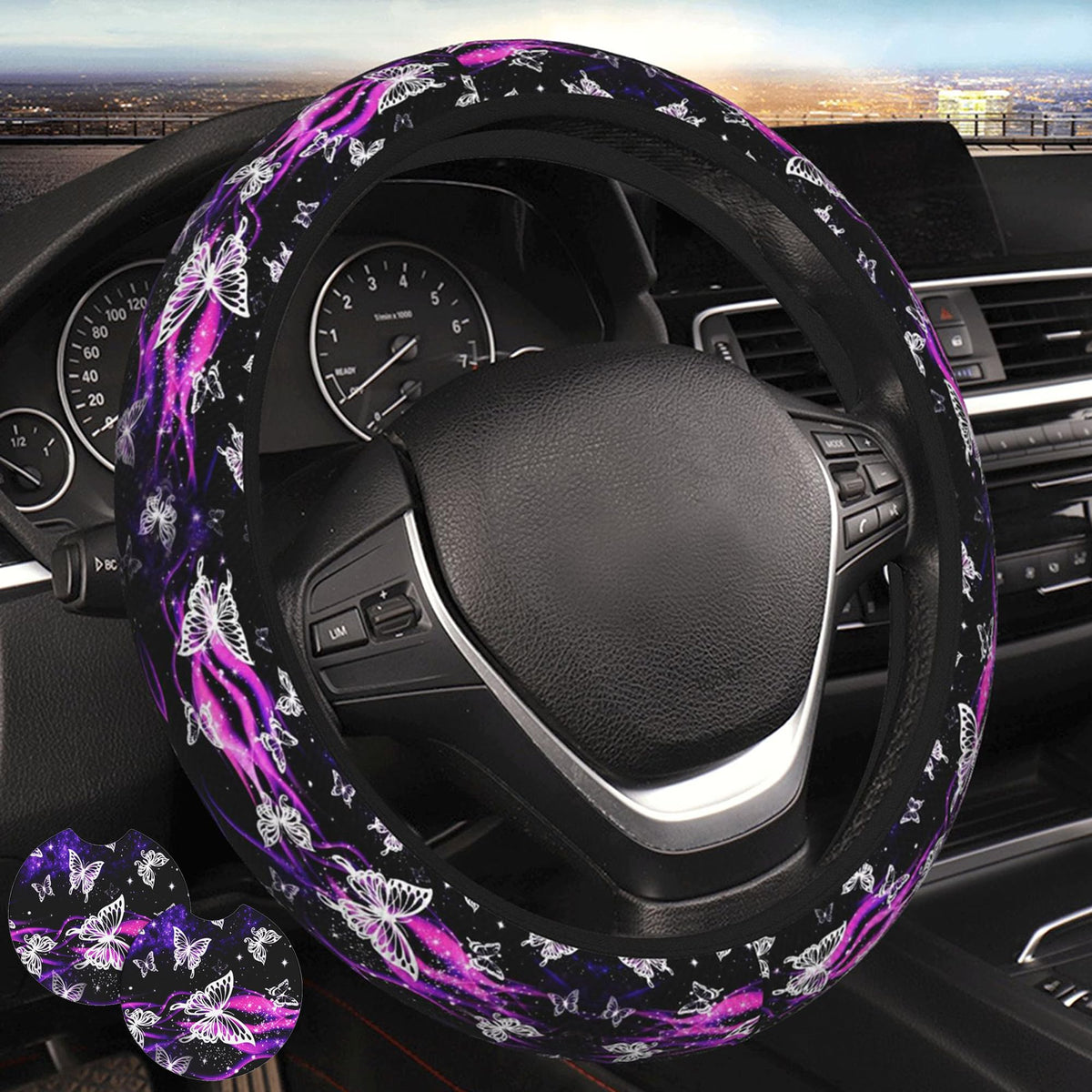 Black White American Flag Steering Wheel Cover - Retro USA Flag Steering Wheel Protector Neoprene 15Inch Car Accessories 2 Pcs Car Coasters for Women Men