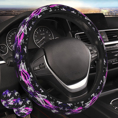 Black White American Flag Steering Wheel Cover - Retro USA Flag Steering Wheel Protector Neoprene 15Inch Car Accessories 2 Pcs Car Coasters for Women Men