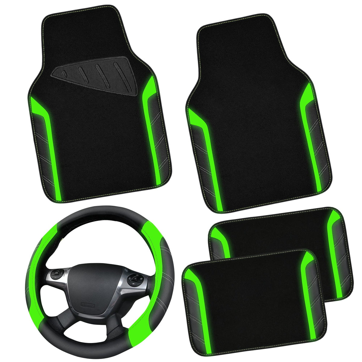 CAR PASS Microfiber Steering Wheel Cover and Waterproof Car Floor Mats,Leather Universal Car Combo Fit for 95% Truck,SUV,Cars,14.5-15inch Sporty Anti-Slip Safety Comfortable Design(Black and Pink)