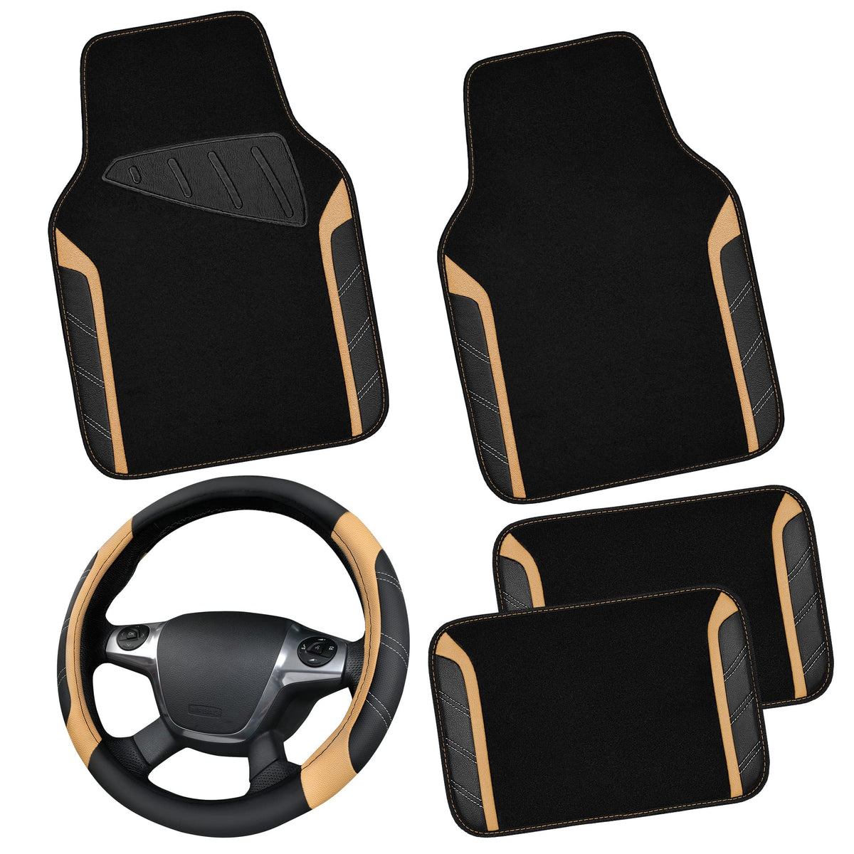 CAR PASS Microfiber Steering Wheel Cover and Waterproof Car Floor Mats,Leather Universal Car Combo Fit for 95% Truck,SUV,Cars,14.5-15inch Sporty Anti-Slip Safety Comfortable Design(Black and Pink)