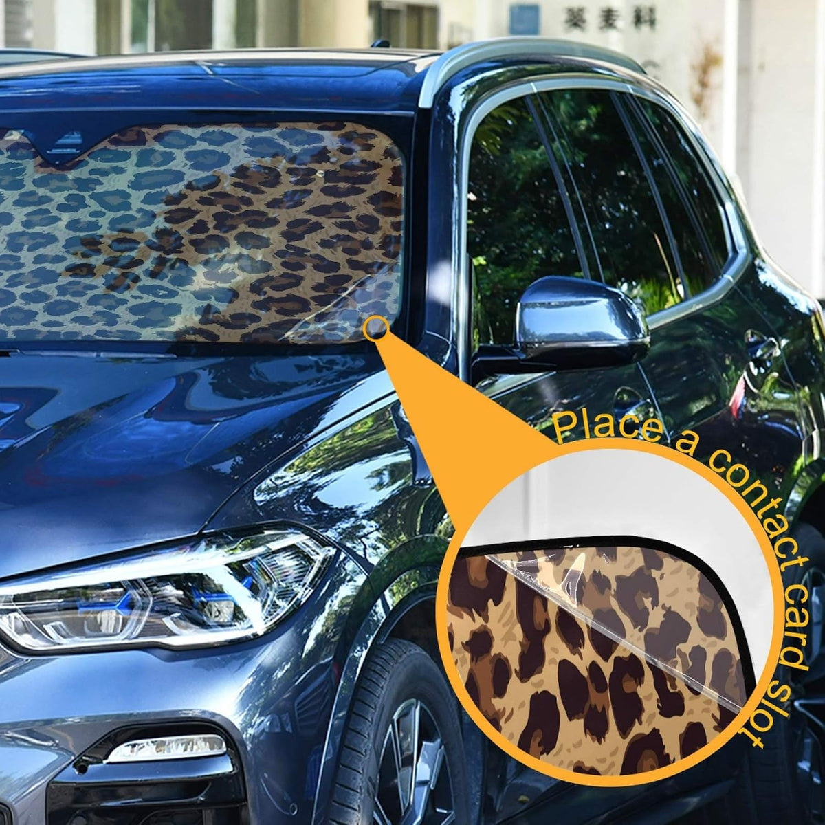 Leopard Skin Print Car Windshield Sun Shade Animal Brown Foldable UV Ray Sun Visor Protector Sunshade to Keep Your Vehicle Cool (55" x 27.6")