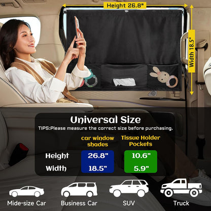 Car Window Shades, 2 Pcs 5 Suction Cups Car Sun Shade for Baby with Car Tissue Holder & Storage Net Pocket, Car Window Curtain for Heat/UV Protection Sun Block Covers, Car Camping Accessories