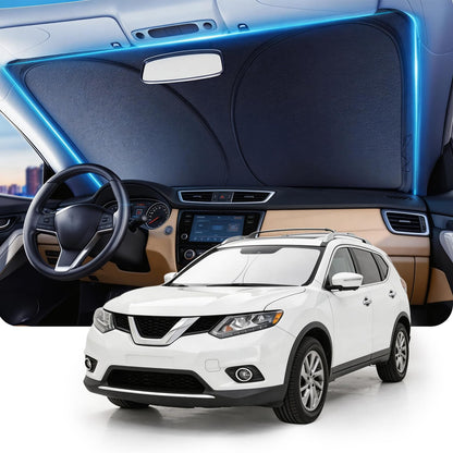 DMJN Front Windshield Sun Shade for Universal Medium Size, [Nano Ice-Crystal Coatings] UPF50+ Heat & UV Block, Protect Car Interior & Keep Cool, Flodable Steel-Ring Car Cover for Summer