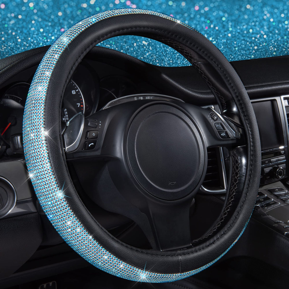 CAR PASS Bling Diamond Leather Steering Wheel Cover, with Bling Sparkly Crystal Glitter Rhinestones Universal Fit 14.5in-15in Car Wheel Protector for Women Girl Fit Suvs,Vans,Sedans,Car,Trucks, Silver