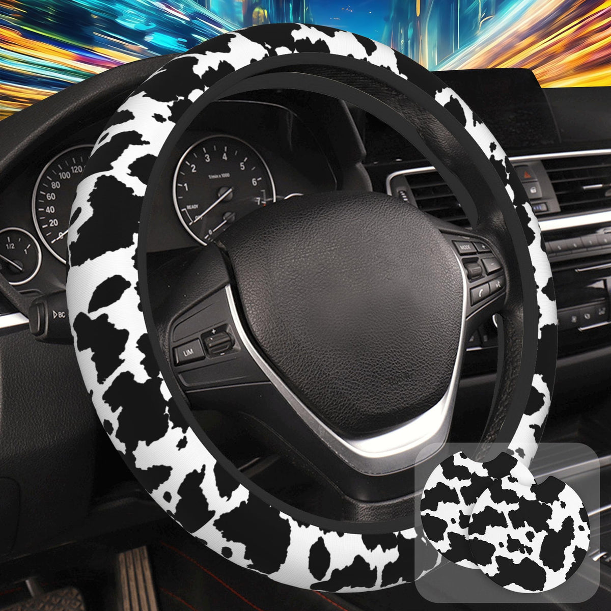 Botanical Flowers Berries Leaves Steering Wheel Cover for Women, Anti-Slip Car Steering Wheel Cover with 2 Pcs Cup Holders Neoprene Breathable Car Accessories Universal 15 Inch Auto Interior Decor