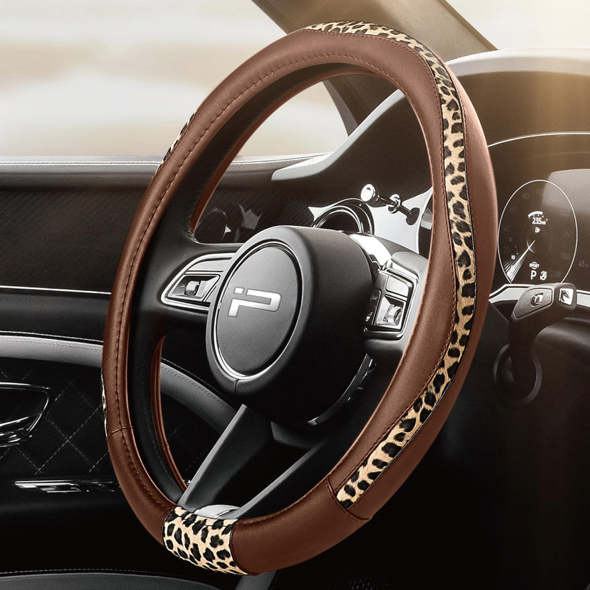 Road Comforts Steering Wheel Cover - Flat Bottom Wheel Cover Made with PVC Leather and Leopard Fabric - Universal Fit for 15-Inch D-Shaped Automotive Steering Wheels (Black Color)