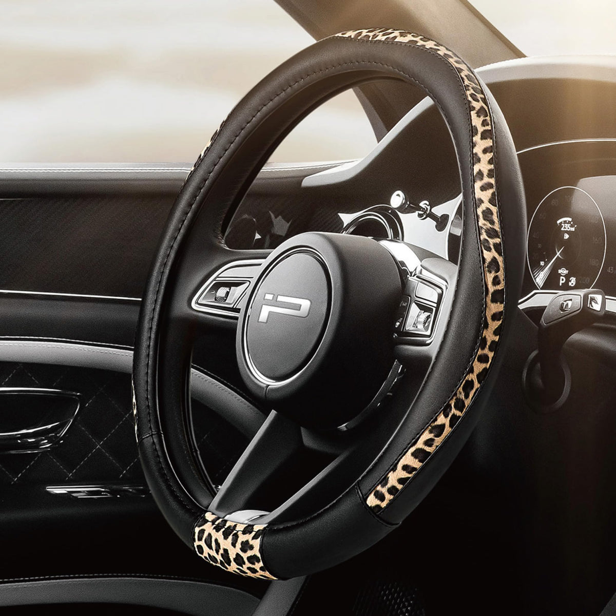 Road Comforts Steering Wheel Cover - Flat Bottom Wheel Cover Made with PVC Leather and Leopard Fabric - Universal Fit for 15-Inch D-Shaped Automotive Steering Wheels (Black Color)
