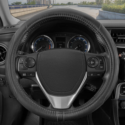 Motor Trend Perforated Microfiber Leather Steering Wheel Cover for Cars Trucks SUVs Vans, Sporty Racing Improved Grip Anti-Fatigue Ergonomic Design, Airbag Compatible - Fits Standard 15" Inch - Black