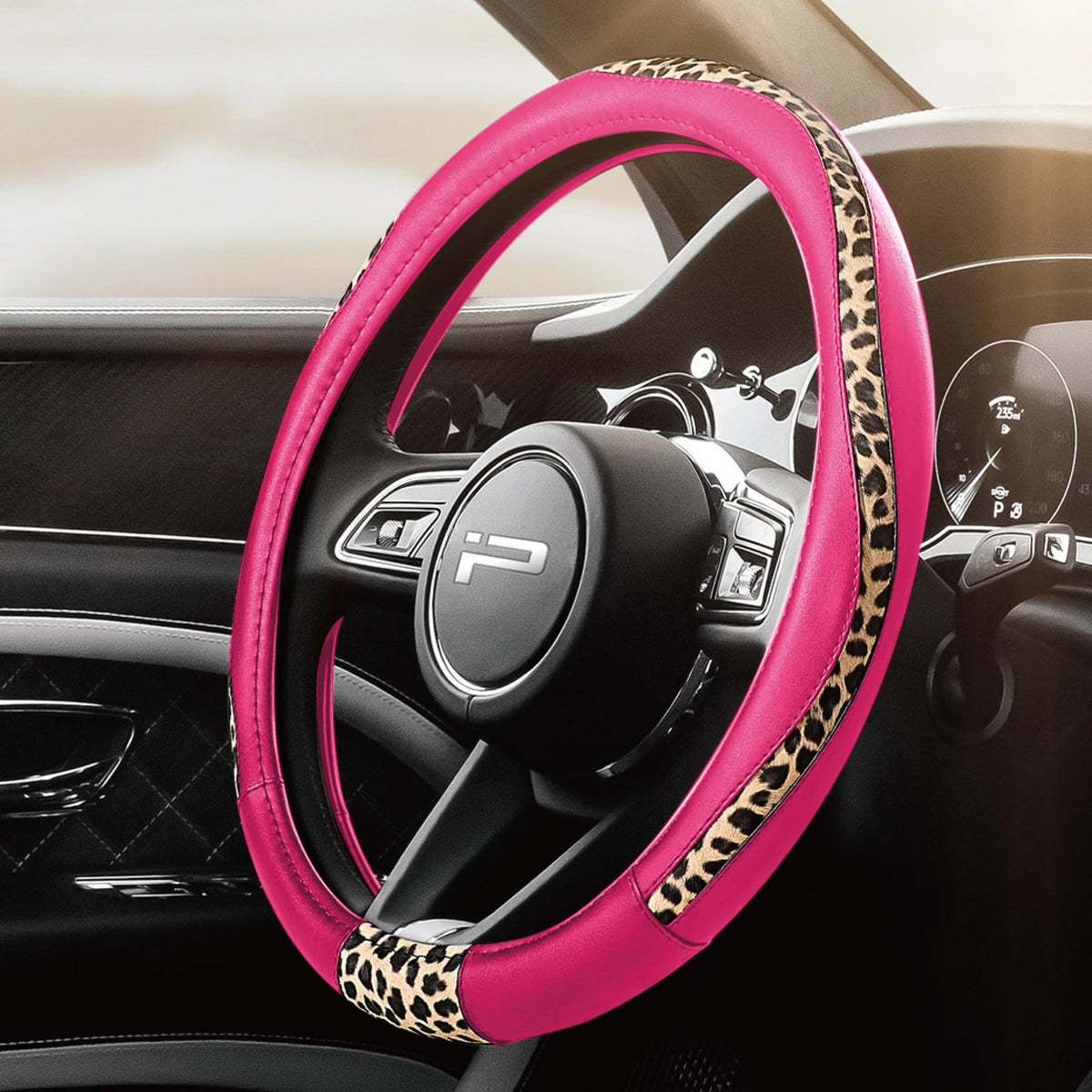 Road Comforts Steering Wheel Cover - Flat Bottom Wheel Cover Made with PVC Leather and Leopard Fabric - Universal Fit for 15-Inch D-Shaped Automotive Steering Wheels (Black Color)