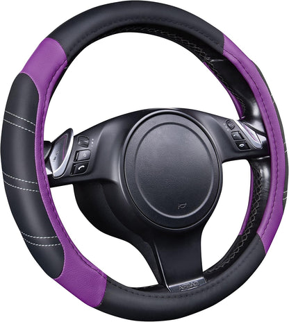 CAR PASS Line Rider Microfiber Leather Sporty 14.5-15 inch Steering Wheel Cover Universal Fits for 95% Truck,SUV,Cars, Anti-Slip Safety Comfortable Design (Black Purple)