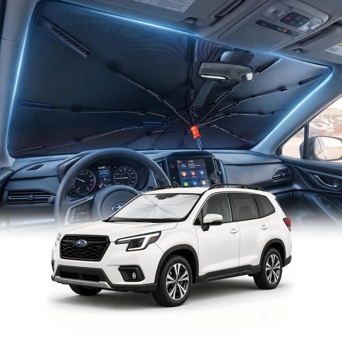 DMJN Umbrella Windshield Sun Shade for Car & SUV, Car Sunshade for Front Windshield [Nano Ice-Crystal Coatings] UPF50+ Heat & UV Block, Protect Interior & Keep Cooler Universal for Most of Sedan & SUV