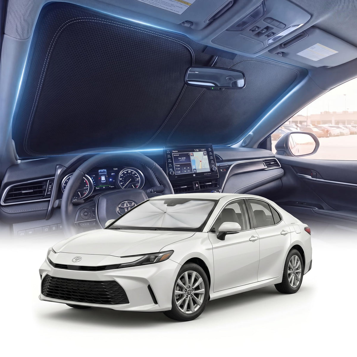 DMJN Front Windshield Sun Shade for Universal Medium Size, [Nano Ice-Crystal Coatings] UPF50+ Heat & UV Block, Protect Car Interior & Keep Cool, Flodable Steel-Ring Car Cover for Summer