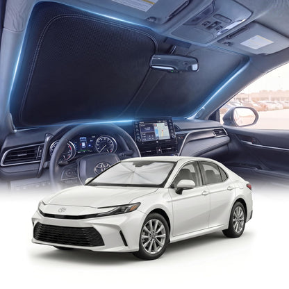 DMJN Front Windshield Sun Shade for Universal Medium Size, [Nano Ice-Crystal Coatings] UPF50+ Heat & UV Block, Protect Car Interior & Keep Cool, Flodable Steel-Ring Car Cover for Summer