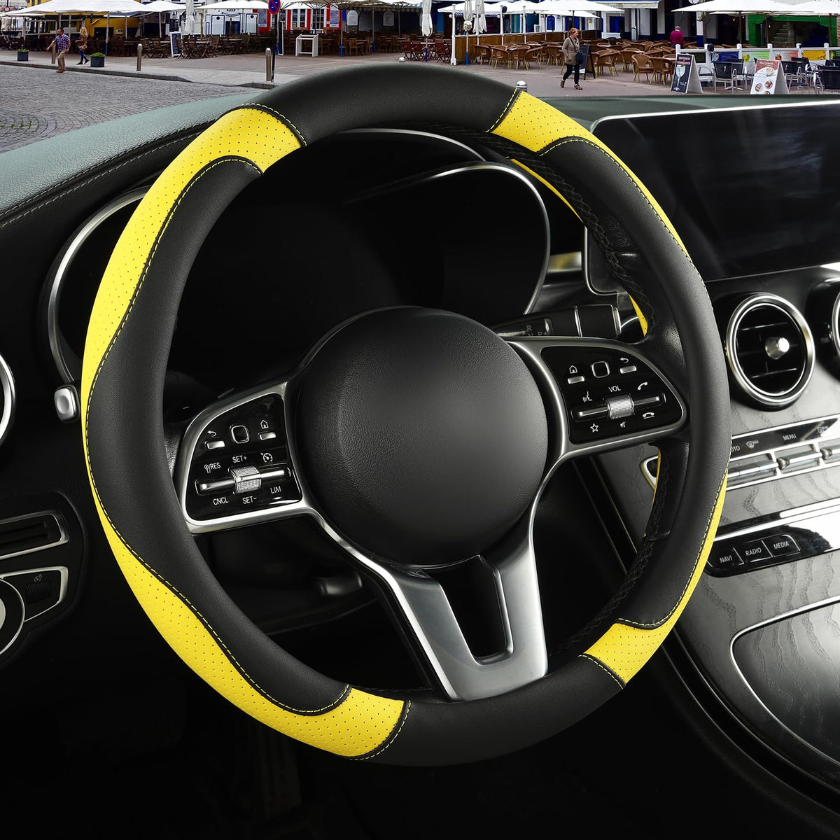 Black Red Microfiber Leather Steering Wheel Cover 14 inch