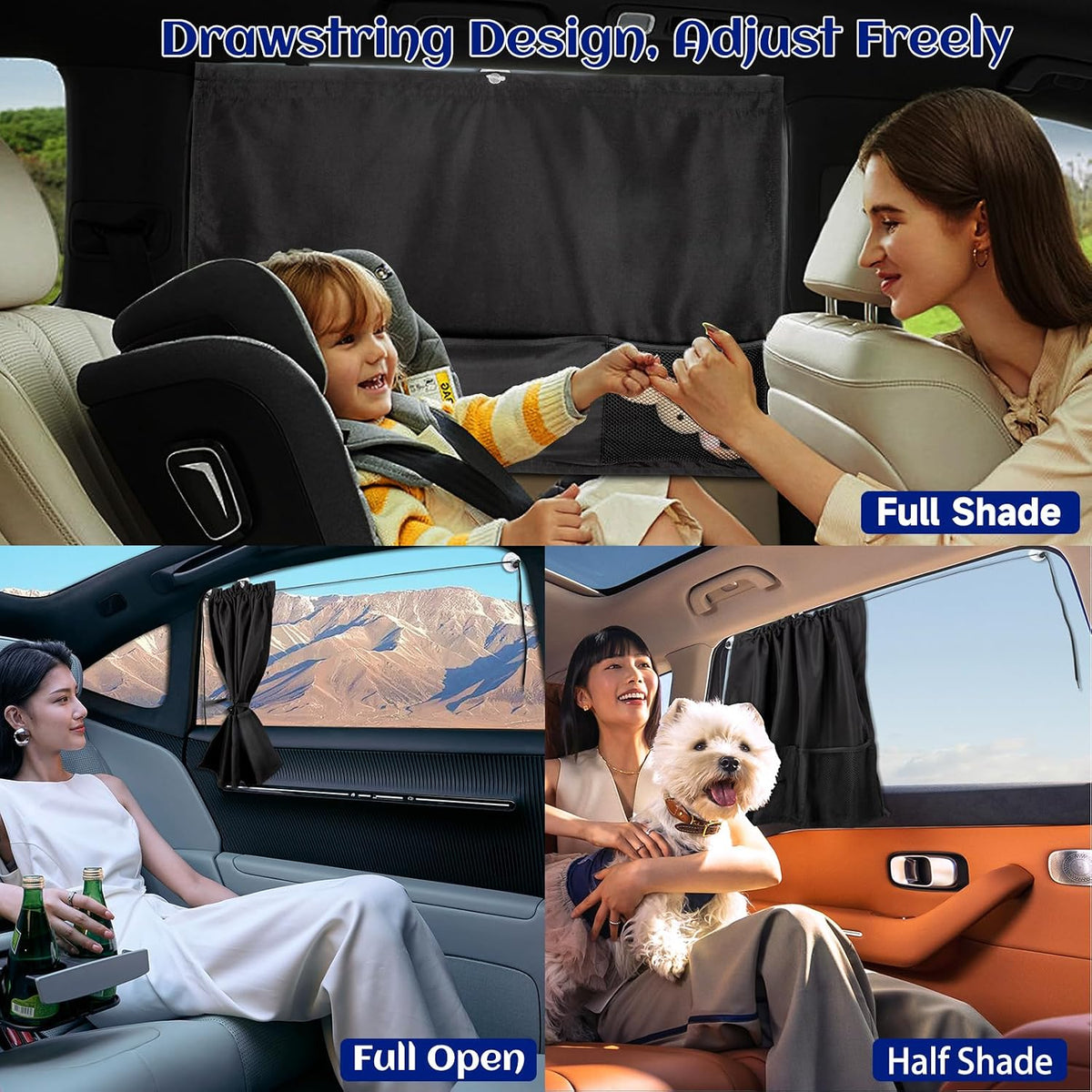Car Window Shades, 2 Pcs 5 Suction Cups Car Sun Shade for Baby with Car Tissue Holder & Storage Net Pocket, Car Window Curtain for Heat/UV Protection Sun Block Covers, Car Camping Accessories