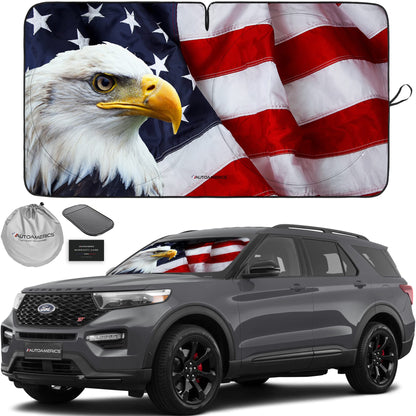 Autoamerics 1-Piece Windshield Sun Shade B&W American Flag USA Patriotic Design - Foldable Car Front Window Sunshade for Most Sedans SUV Truck - Blocks Max UV Rays and Keeps Your Vehicle Cool - Small