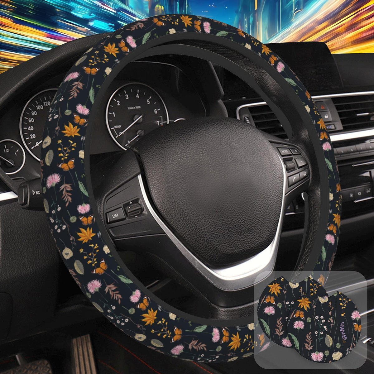 Botanical Flowers Berries Leaves Steering Wheel Cover for Women, Anti-Slip Car Steering Wheel Cover with 2 Pcs Cup Holders Neoprene Breathable Car Accessories Universal 15 Inch Auto Interior Decor