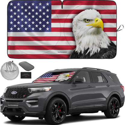 Autoamerics 1-Piece Windshield Sun Shade B&W American Flag USA Patriotic Design - Foldable Car Front Window Sunshade for Most Sedans SUV Truck - Blocks Max UV Rays and Keeps Your Vehicle Cool - Small