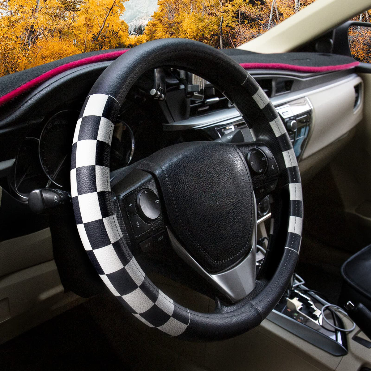 Evankin Lattice Leather Steering Checker Wheel Cover, Black and White