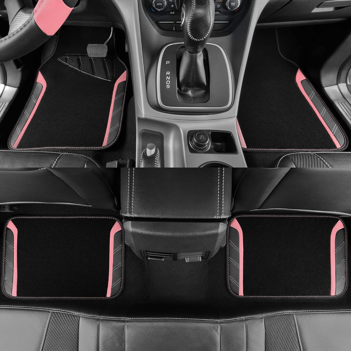 CAR PASS Microfiber Steering Wheel Cover and Waterproof Car Floor Mats,Leather Universal Car Combo Fit for 95% Truck,SUV,Cars,14.5-15inch Sporty Anti-Slip Safety Comfortable Design(Black and Pink)