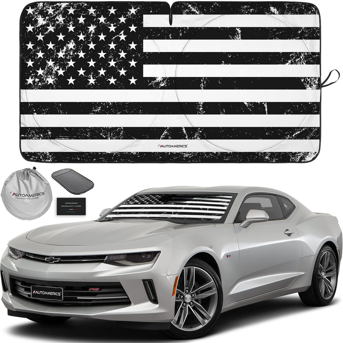 Autoamerics 1-Piece Windshield Sun Shade B&W American Flag USA Patriotic Design - Foldable Car Front Window Sunshade for Most Sedans SUV Truck - Blocks Max UV Rays and Keeps Your Vehicle Cool - Small