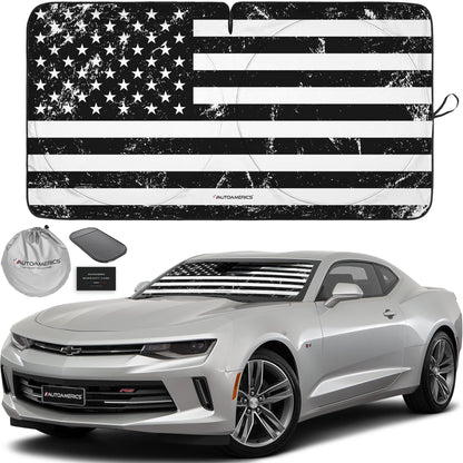 Autoamerics 1-Piece Windshield Sun Shade B&W American Flag USA Patriotic Design - Foldable Car Front Window Sunshade for Most Sedans SUV Truck - Blocks Max UV Rays and Keeps Your Vehicle Cool - Small