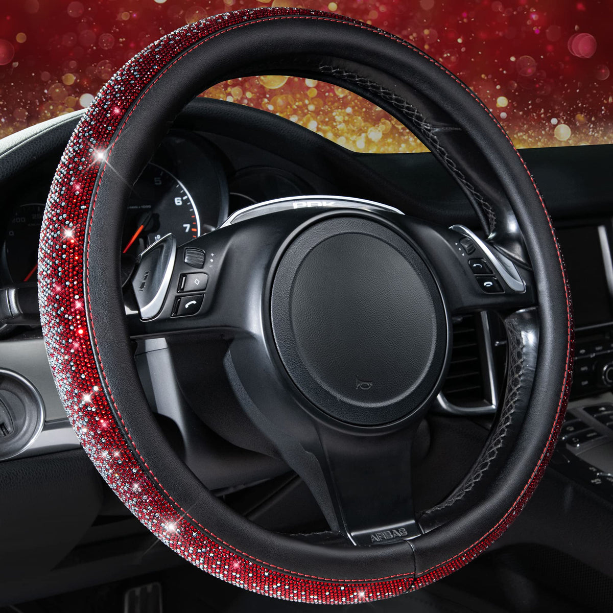 CAR PASS Bling Diamond Leather Steering Wheel Cover, with Bling Sparkly Crystal Glitter Rhinestones Universal Fit 14.5in-15in Car Wheel Protector for Women Girl Fit Suvs,Vans,Sedans,Car,Trucks, Silver