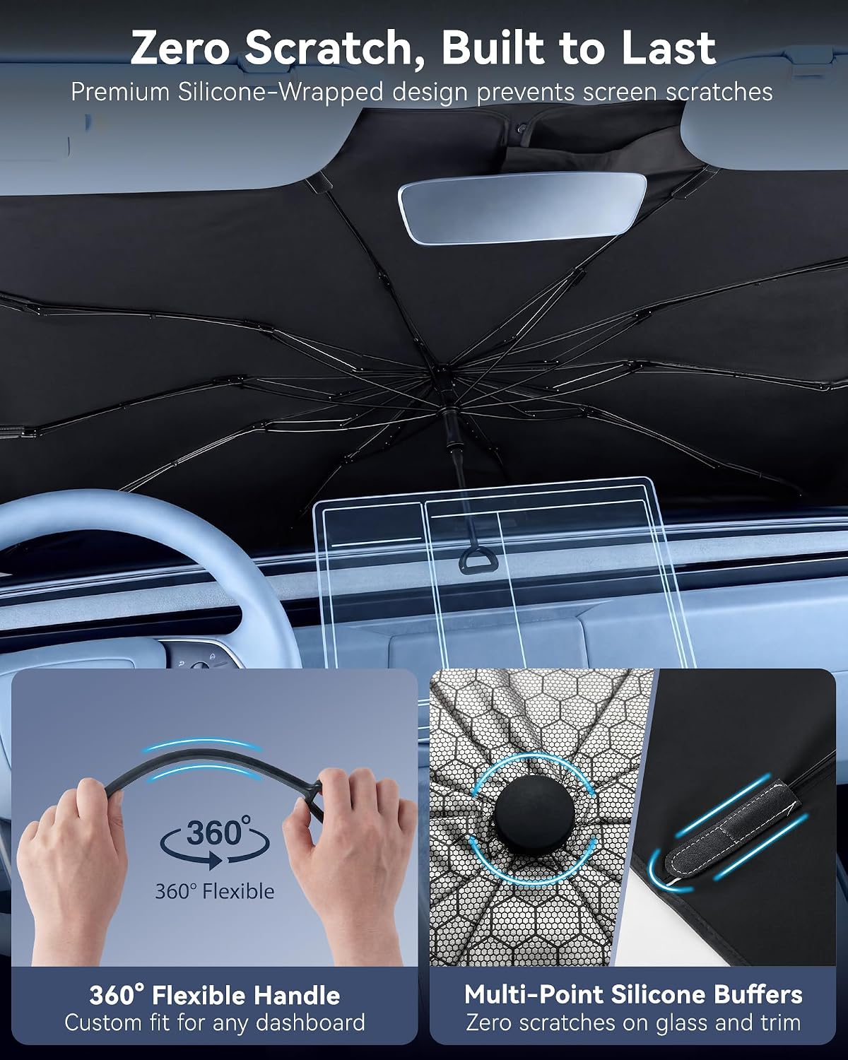 3W Windshield Sun Shade Umbrella, Medium 57.1" x 31.9", Graphene Coated