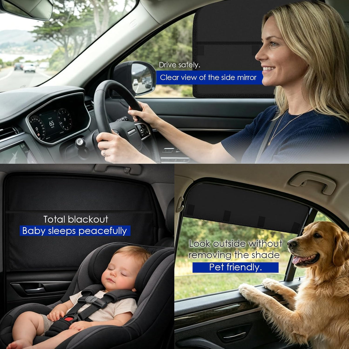 Wolfcar Car Window Shades for Front Side Windows, 2-in-1 Magnetic Detachable Car Window Covers with Hook-and-Loop, Keeps Side Mirrors Clear, Blocks UV & Glare, Car Curtains for SUV/Truck, 2 Pcs